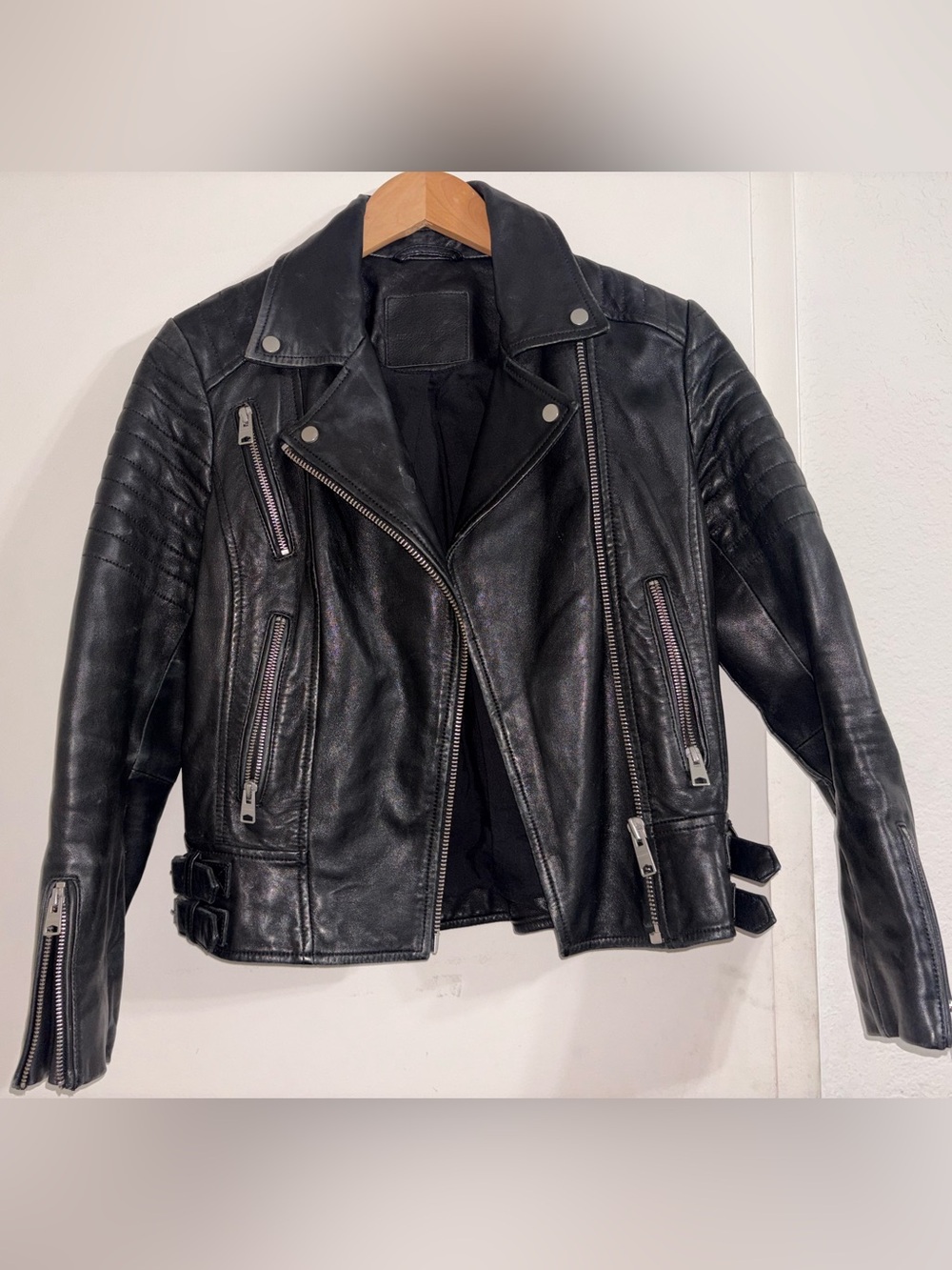 AllSaints Papin Leather Biker Jacket Quilted Sleeves Size 4
